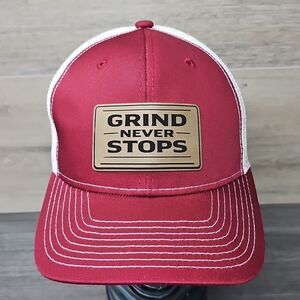 "GRIND NEVER STOPS" Trucker Hat Cap Burgundy/White Leather Patch